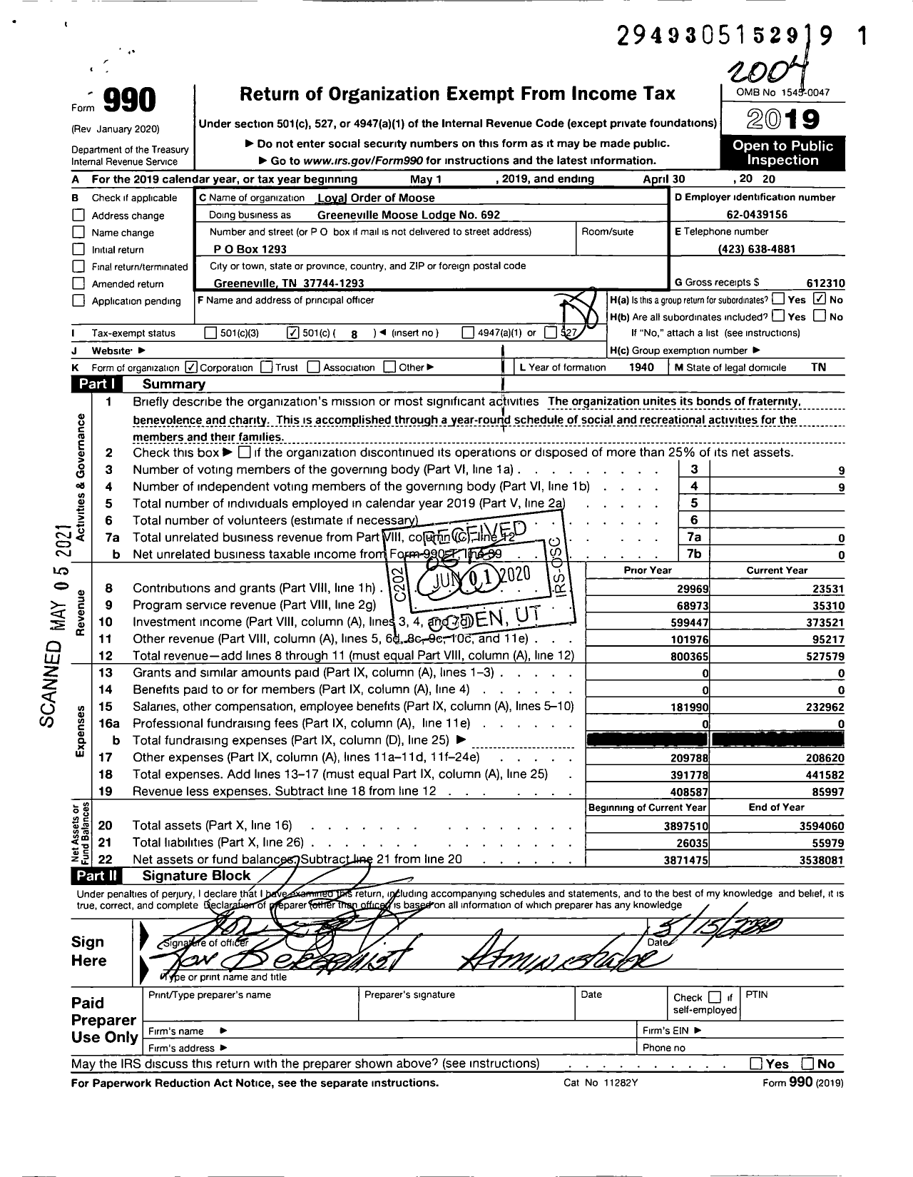 Image of first page of 2019 Form 990O for Loyal Order of Moose