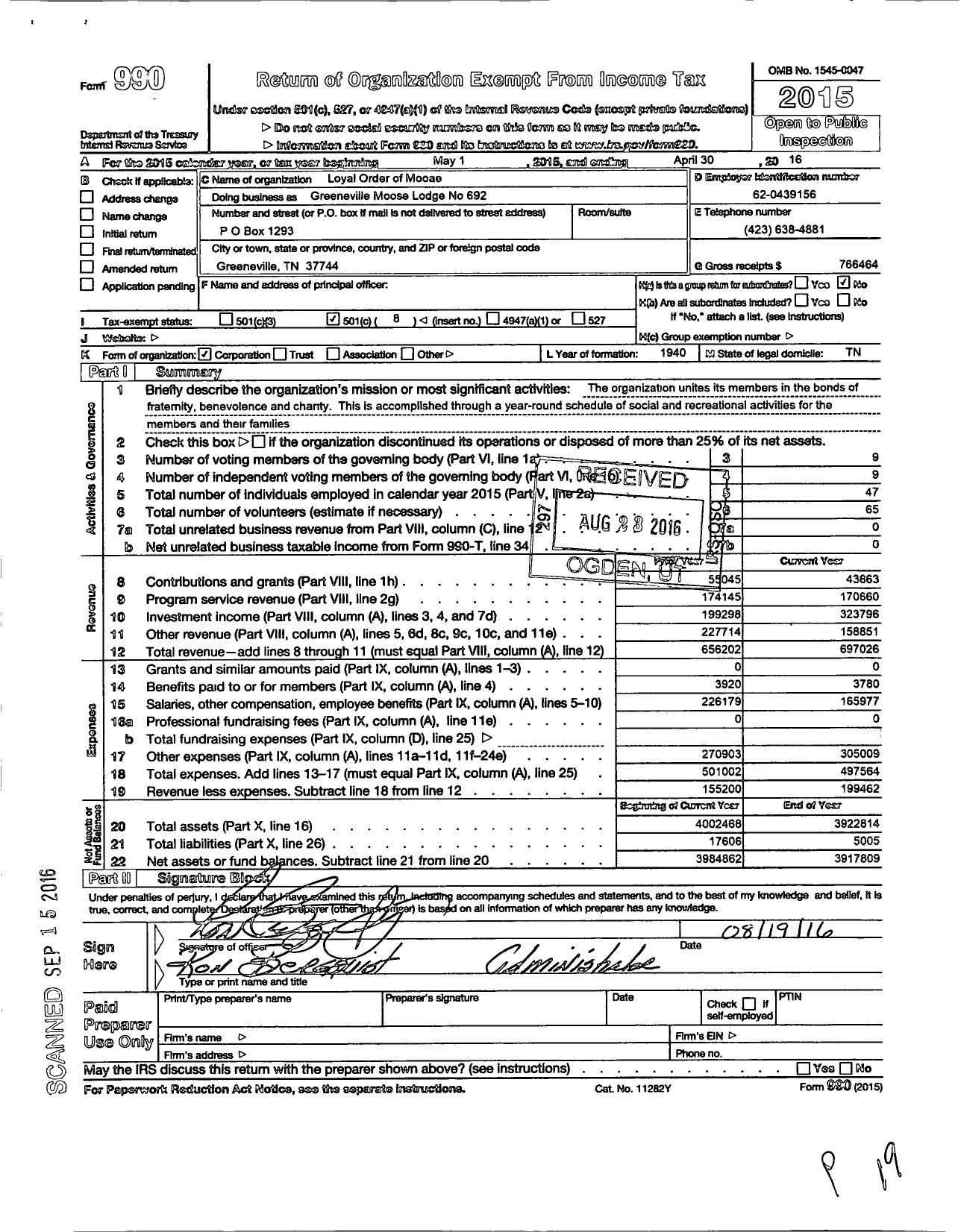 Image of first page of 2015 Form 990O for Loyal Order of Moose
