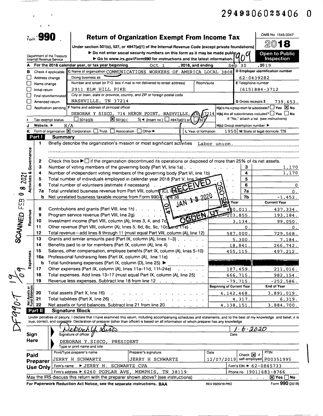 Image of first page of 2018 Form 990O for Communications Workers of America - 3808 Local