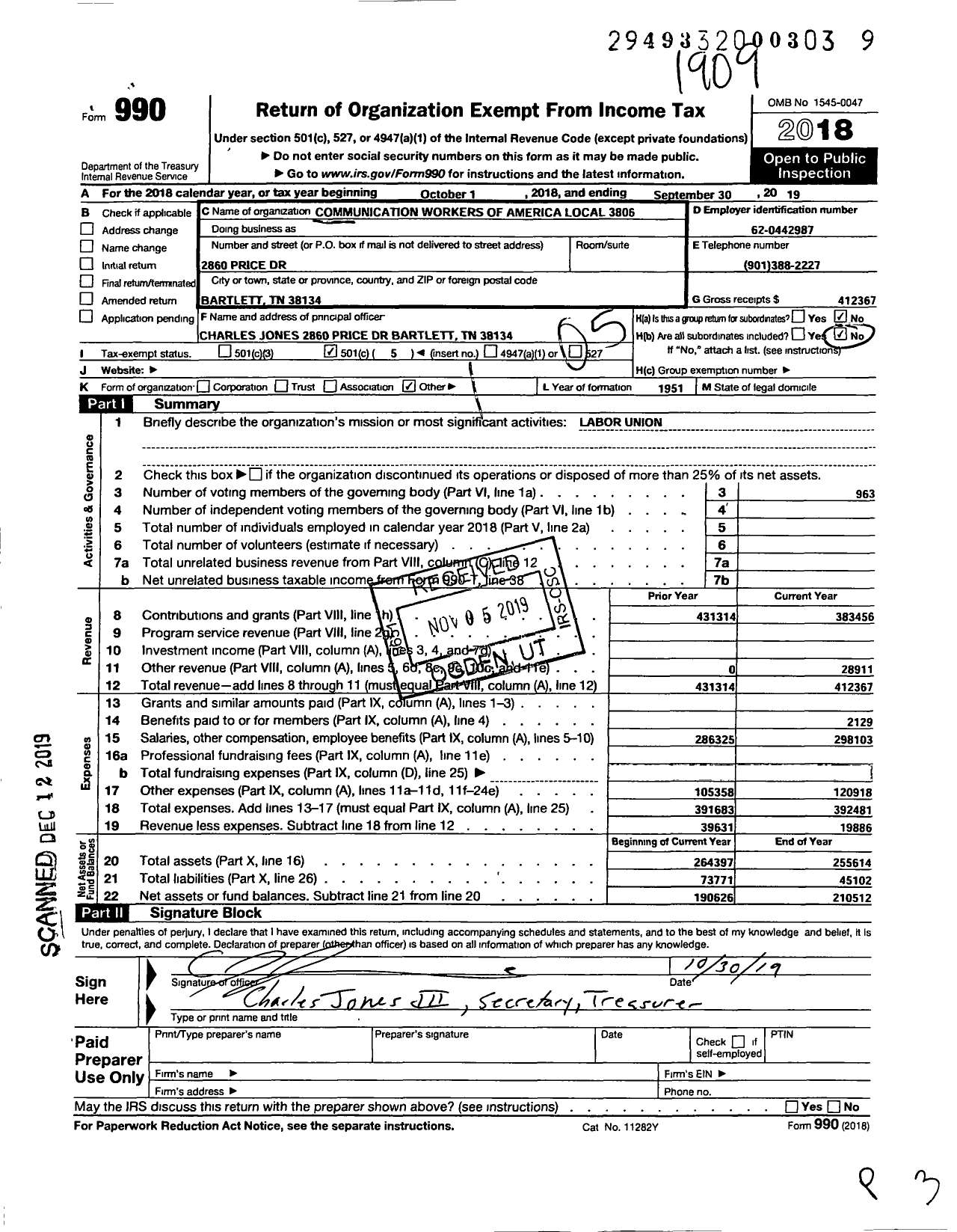 Image of first page of 2018 Form 990O for Communications Workers of America - 3806 Local