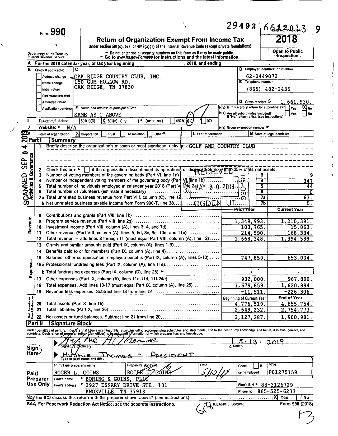 Image of first page of 2018 Form 990O for Oak Ridge Country Club