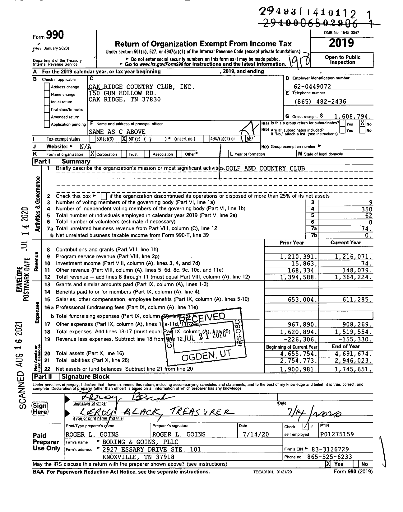 Image of first page of 2019 Form 990O for Oak Ridge Country Club