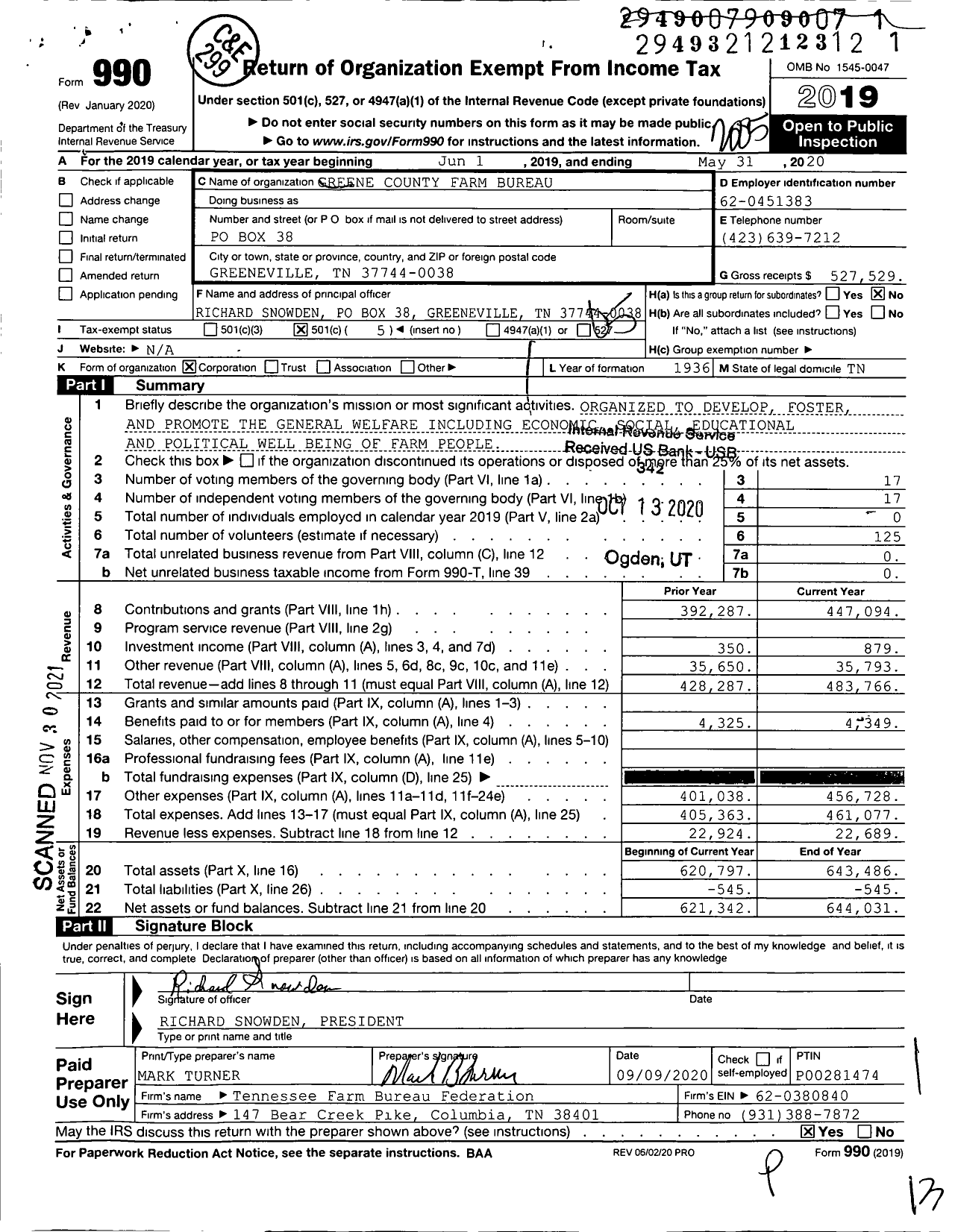 Image of first page of 2019 Form 990O for Greene County Farm Bureau