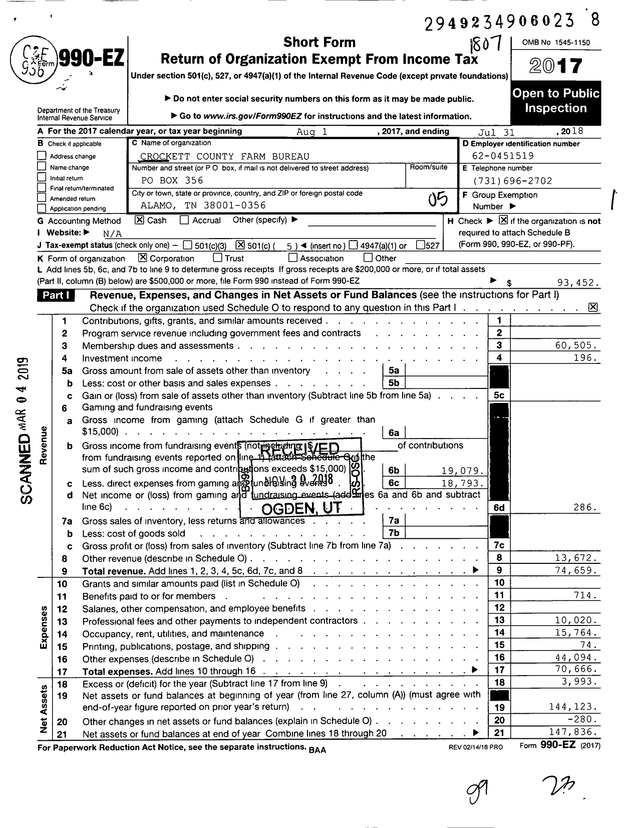 Image of first page of 2017 Form 990EO for Crockett County Farm Bureau
