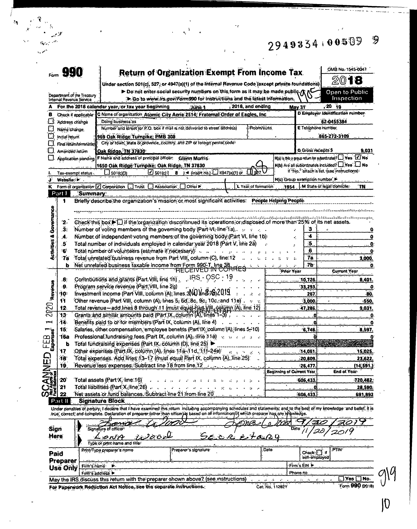 Image of first page of 2018 Form 990O for Fraternal Order of Eagles