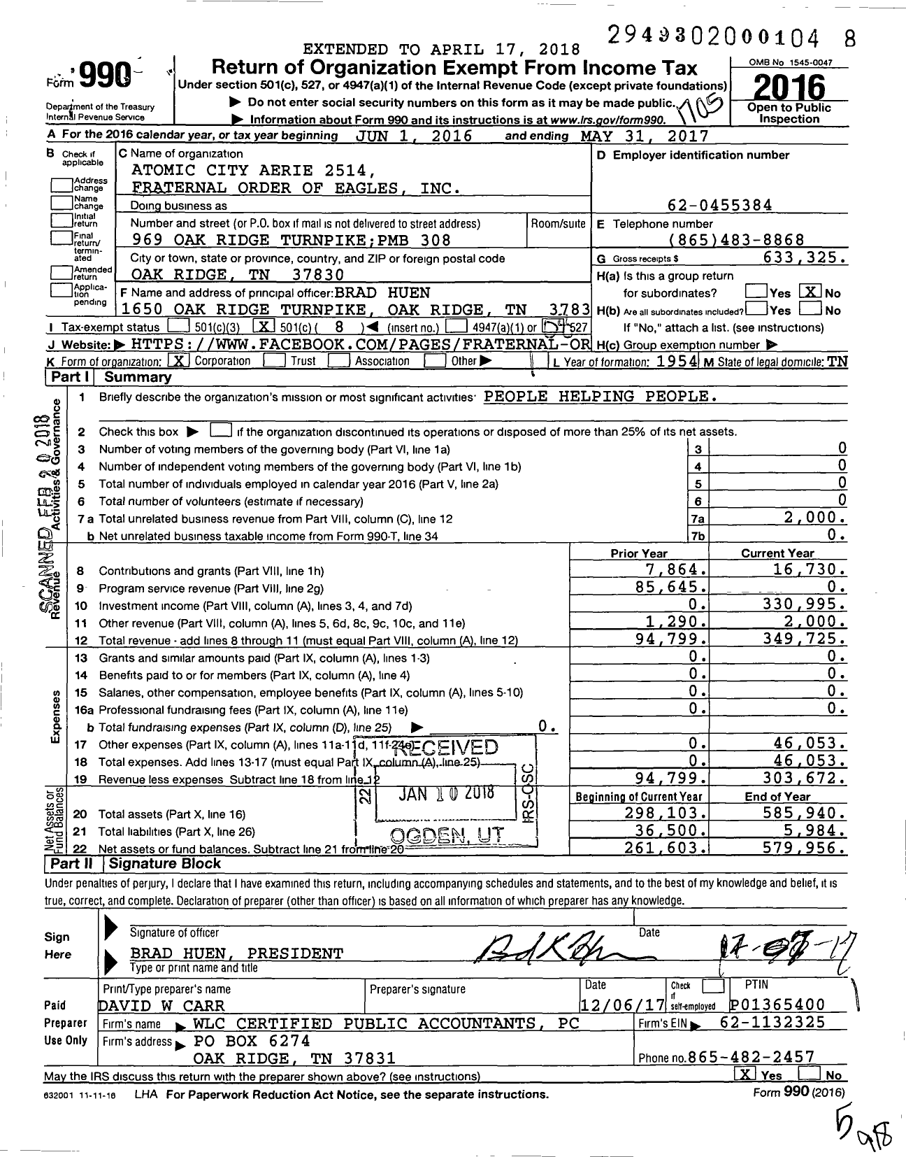 Image of first page of 2016 Form 990O for Fraternal Order of Eagles
