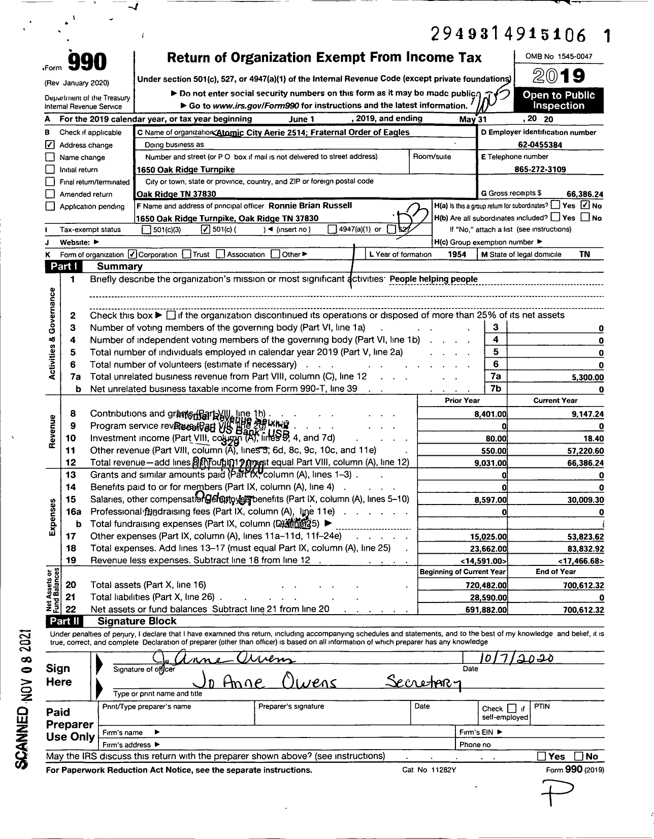 Image of first page of 2019 Form 990 for Fraternal Order of Eagles