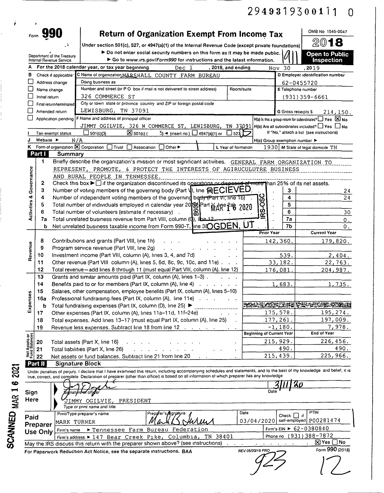 Image of first page of 2018 Form 990O for Marshall County Farm Bureau