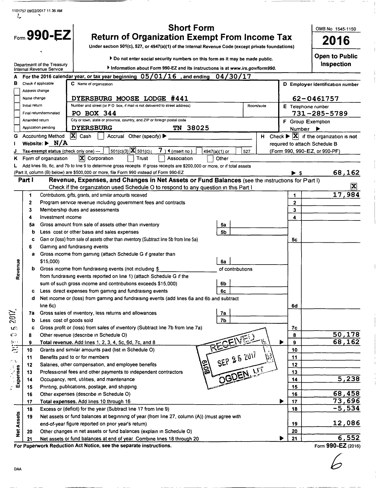 Image of first page of 2016 Form 990EO for Loyal Order of Moose - 441