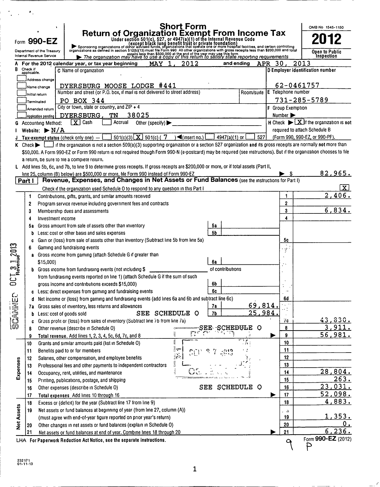 Image of first page of 2012 Form 990EO for Loyal Order of Moose - 441