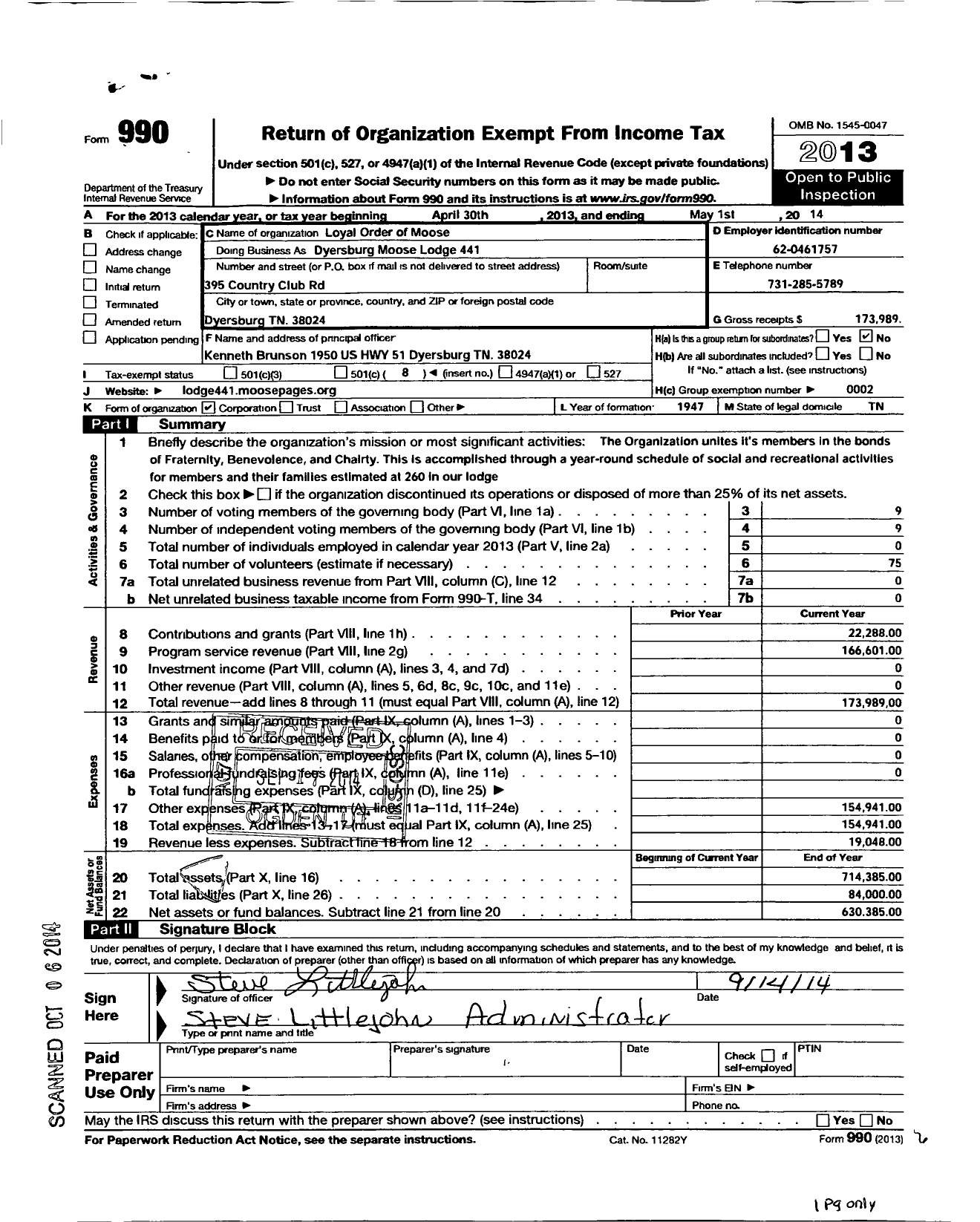 Image of first page of 2013 Form 990O for Loyal Order of Moose - 441