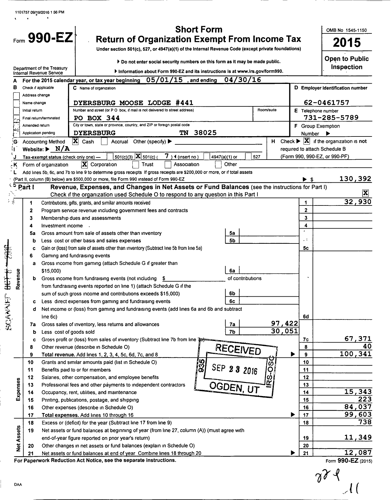 Image of first page of 2015 Form 990EO for Loyal Order of Moose - 441