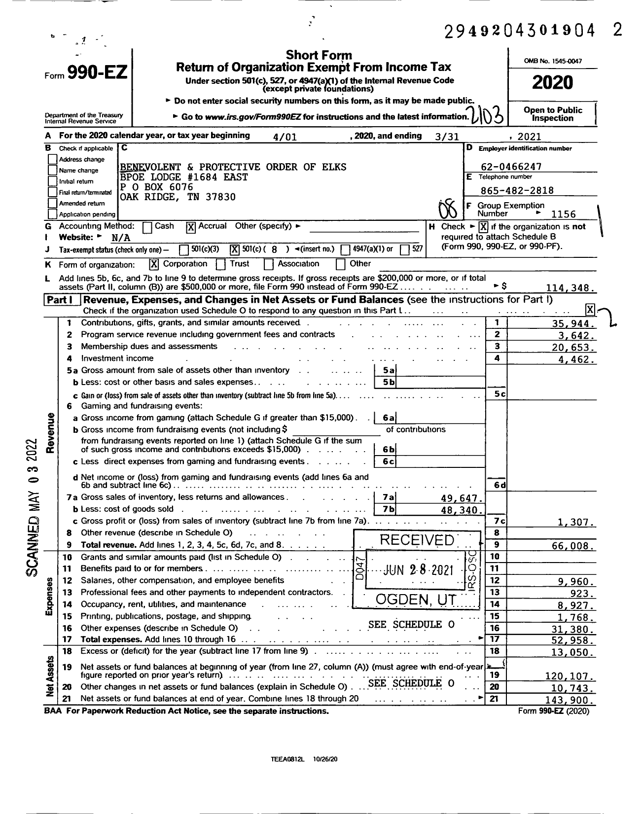 Image of first page of 2020 Form 990EO for Benevolent and Protective Order OF ELKS - 1684 Oak Ridge