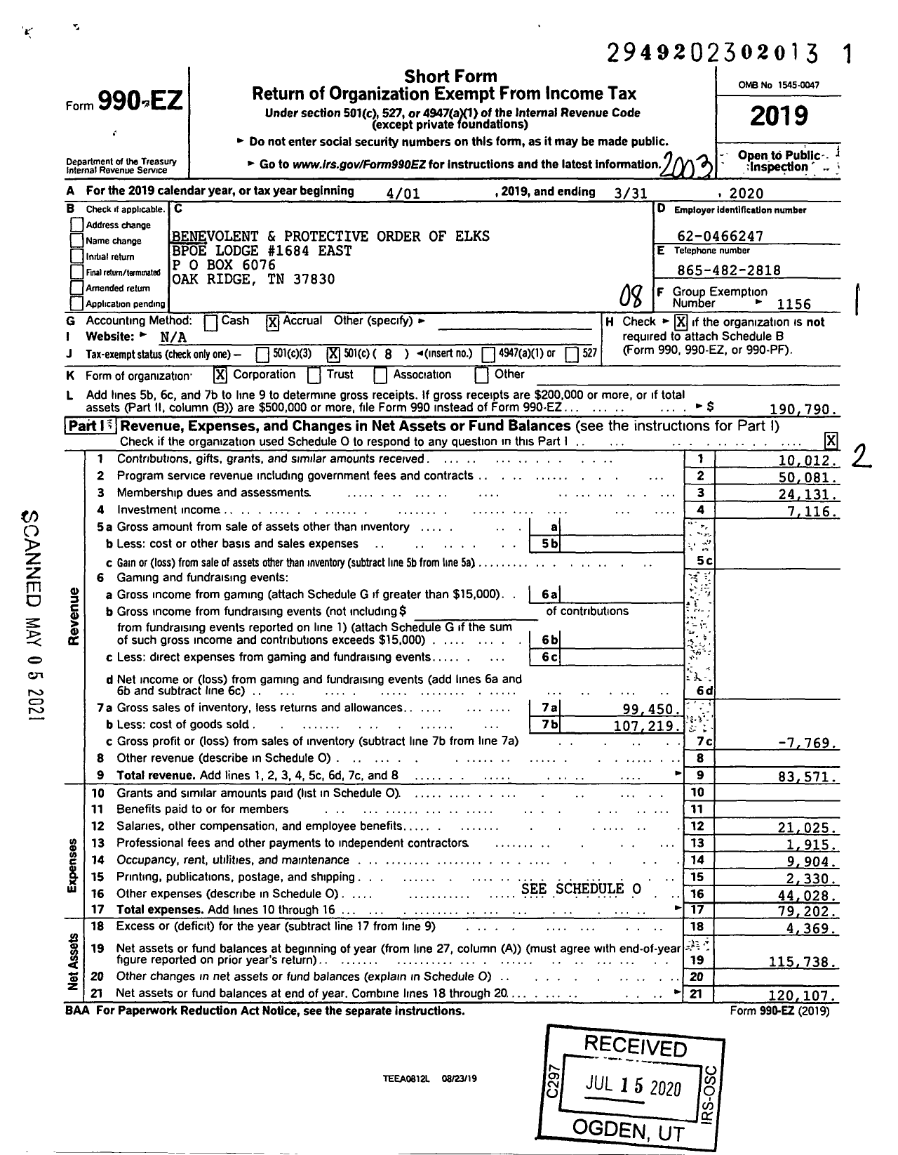 Image of first page of 2019 Form 990EO for Benevolent and Protective Order OF ELKS - 1684 Oak Ridge