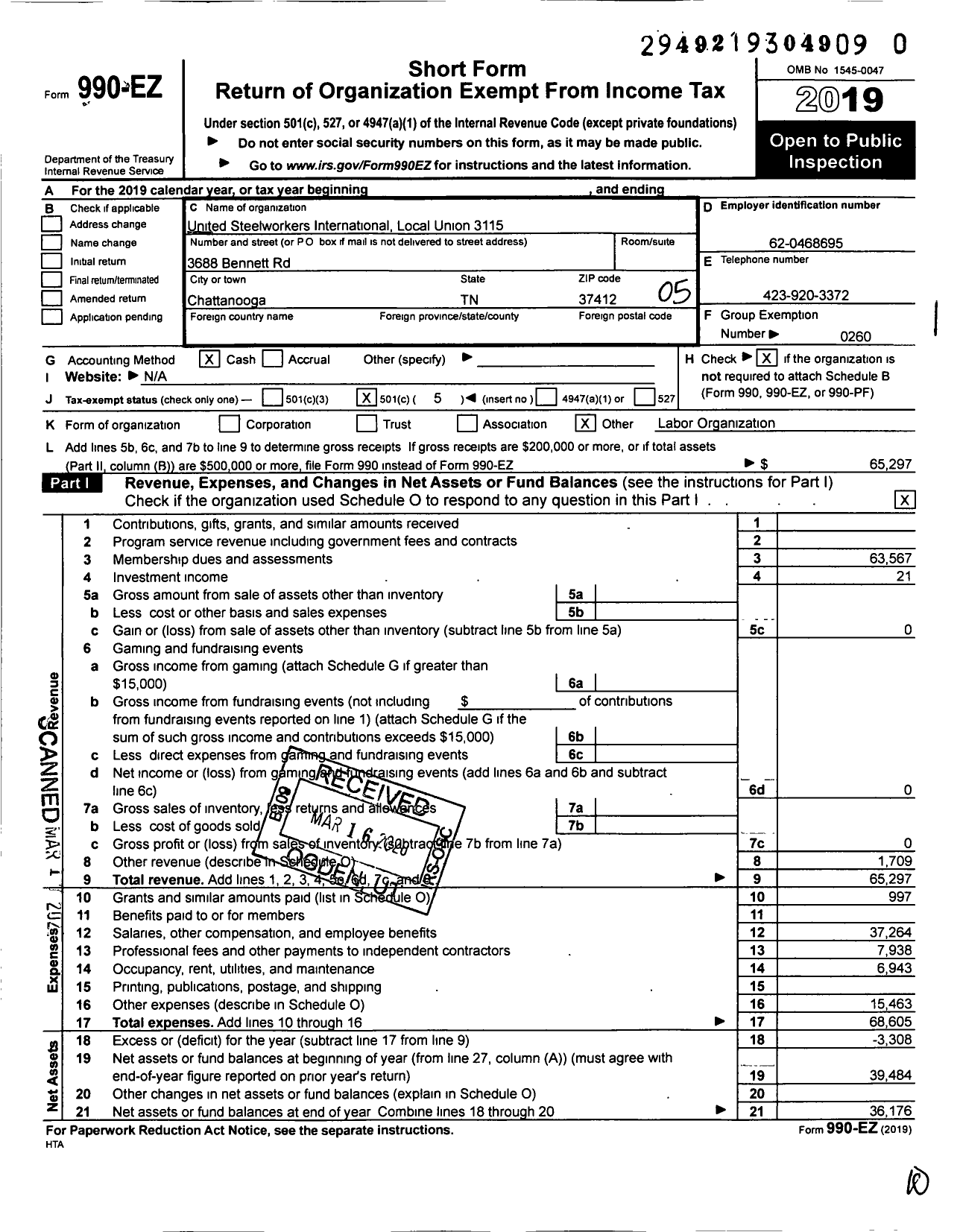 Image of first page of 2019 Form 990EO for United Steelworkers - 03115 Local