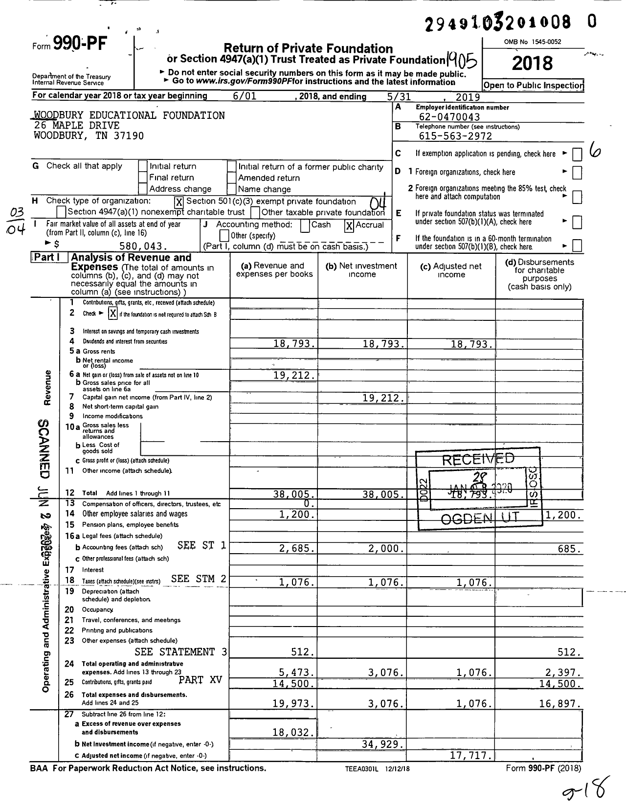 Image of first page of 2018 Form 990PR for Woodbury Educational Foundation