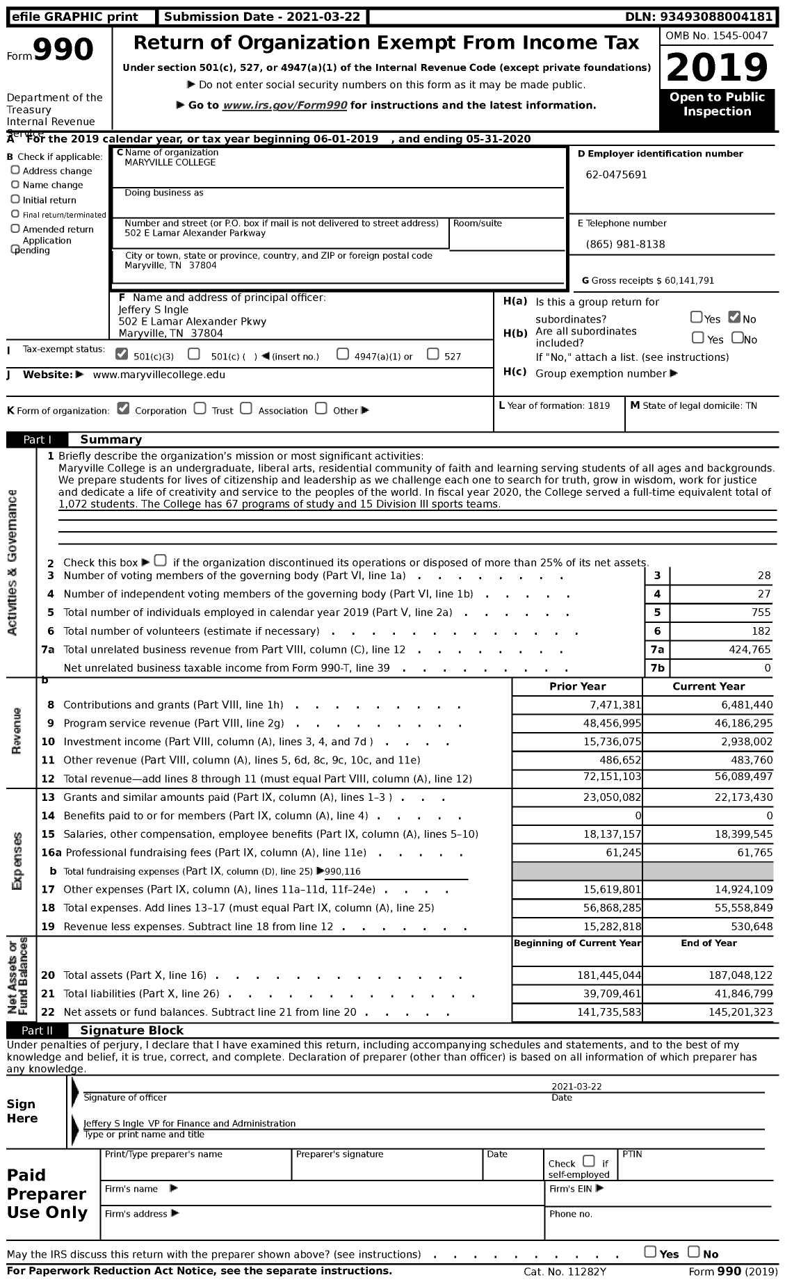 Image of first page of 2019 Form 990 for Maryville College