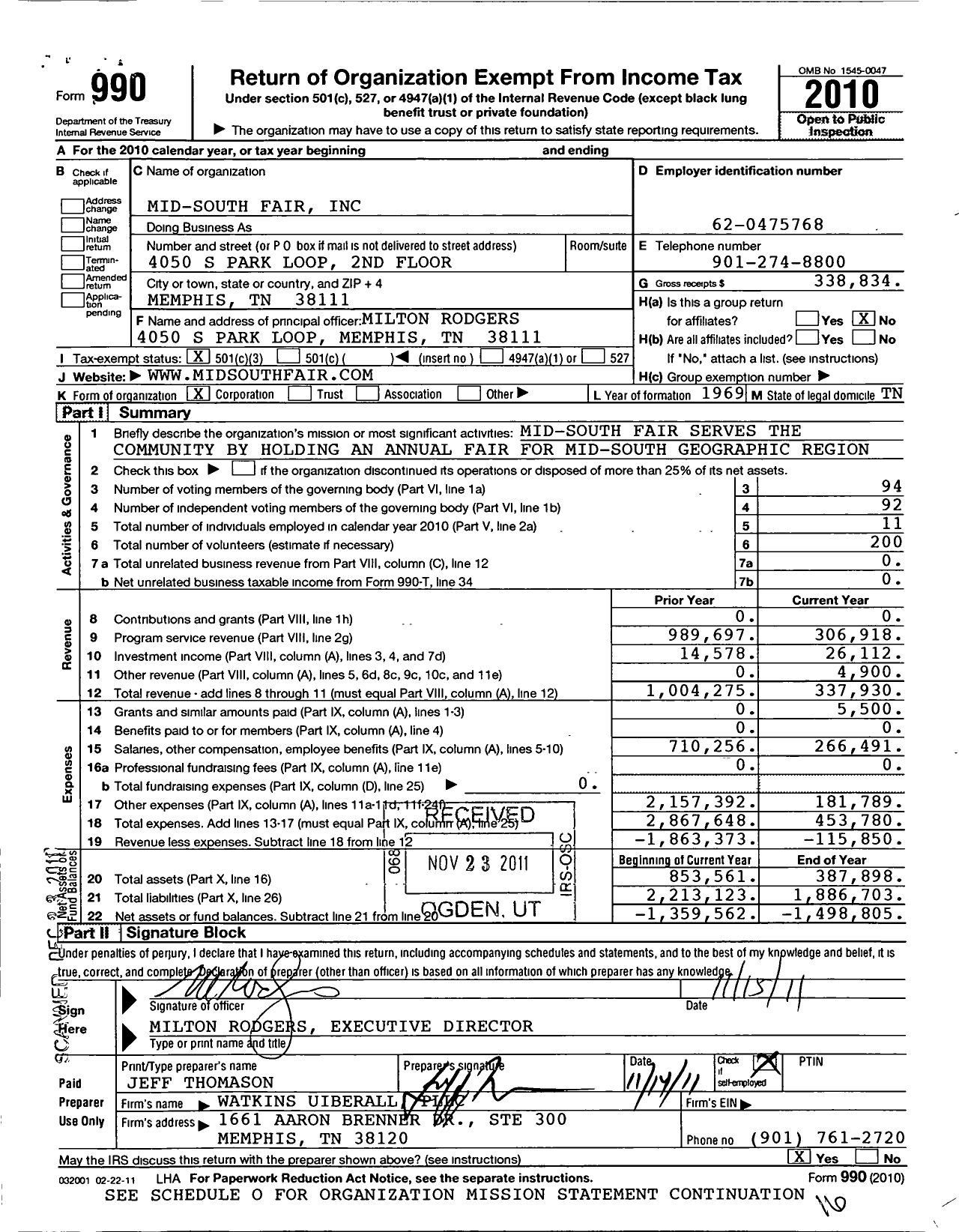 Image of first page of 2010 Form 990 for Mid-South Fair