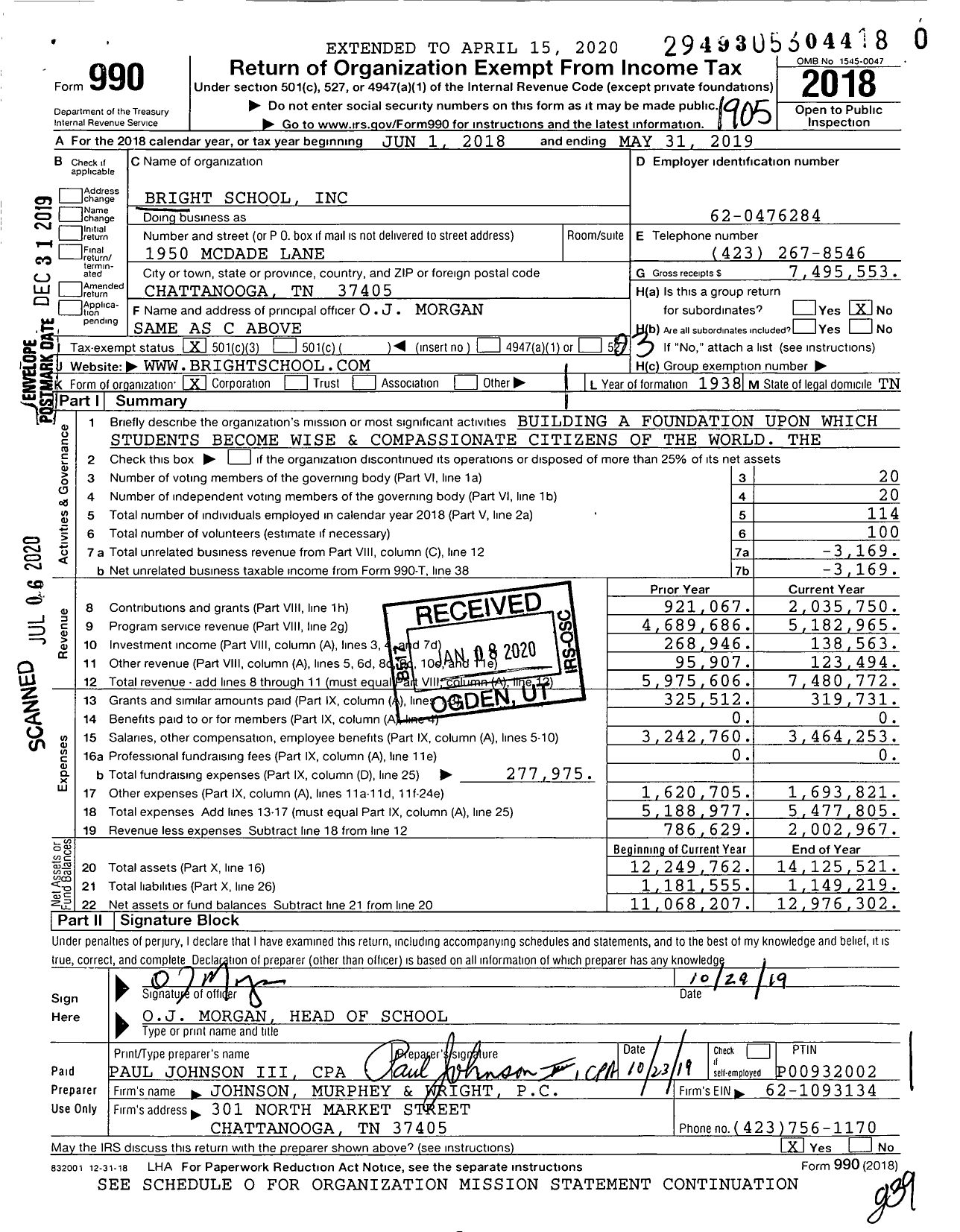 Image of first page of 2018 Form 990 for Bright School