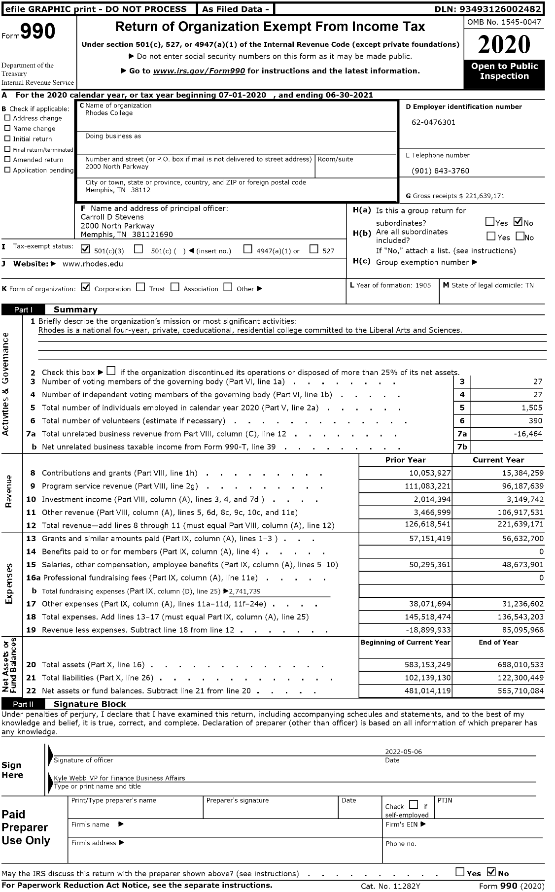 Image of first page of 2020 Form 990 for Rhodes College