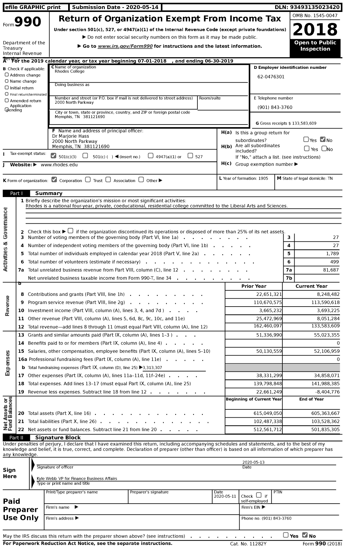 Image of first page of 2018 Form 990 for Rhodes College