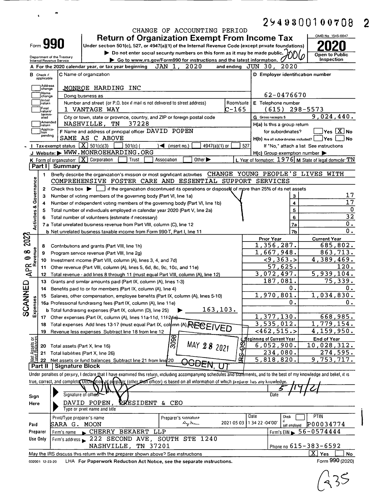 Image of first page of 2019 Form 990 for Monroe Harding