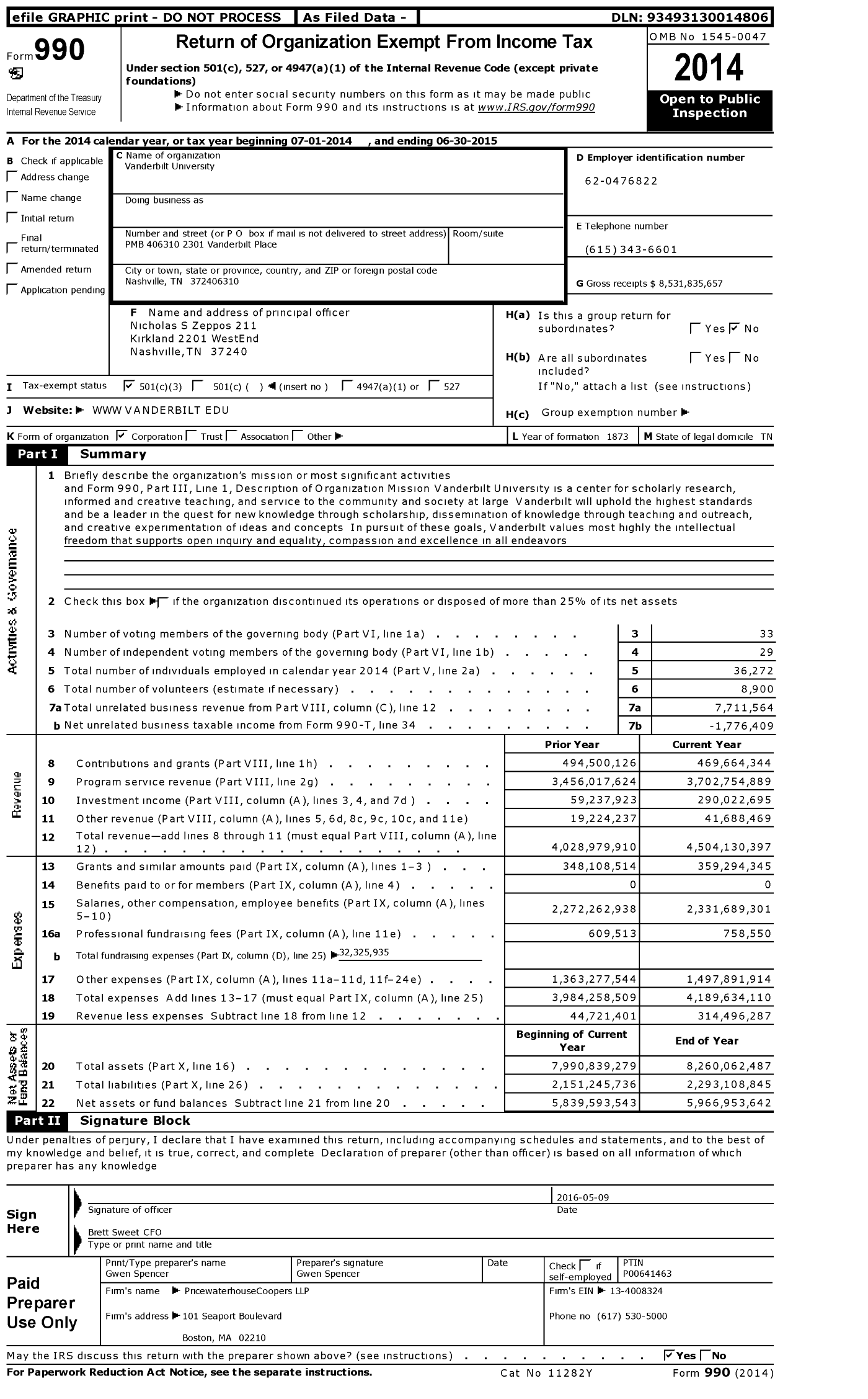Image of first page of 2014 Form 990 for Vanderbilt University