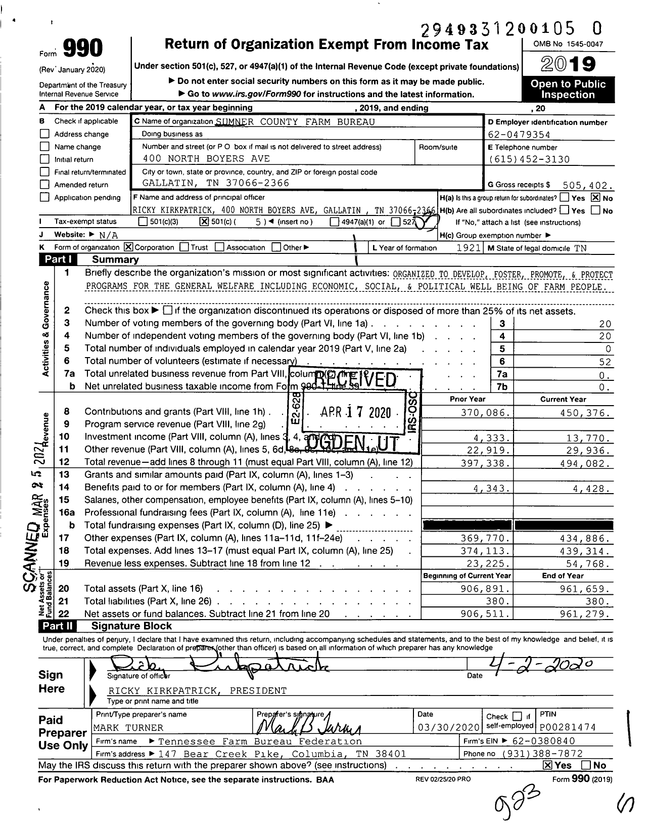 Image of first page of 2019 Form 990 for Sumner County Farm Bureau