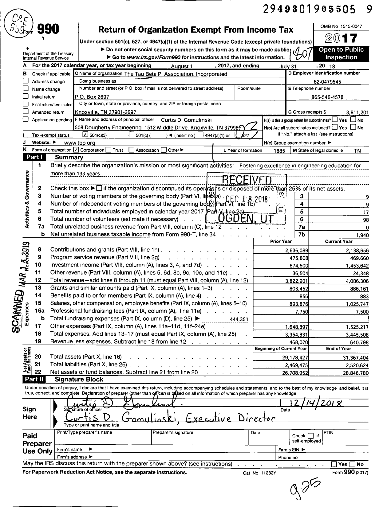 Image of first page of 2017 Form 990 for The Tau Beta Pi Association Incorporated