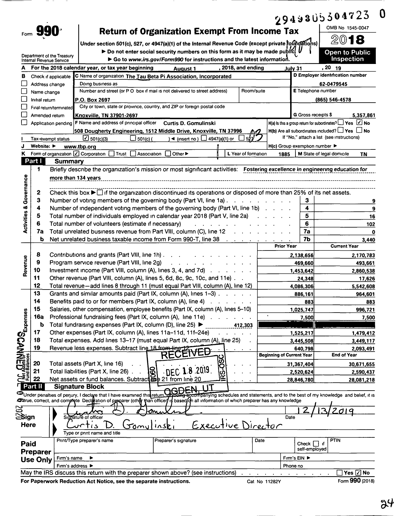 Image of first page of 2018 Form 990 for The Tau Beta Pi Association Incorporated