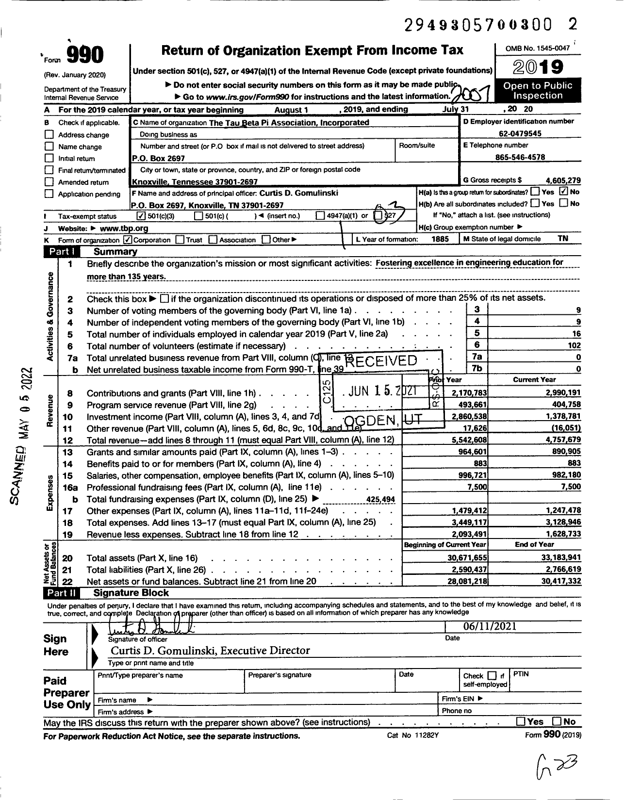 Image of first page of 2019 Form 990 for The Tau Beta Pi Association Incorporated