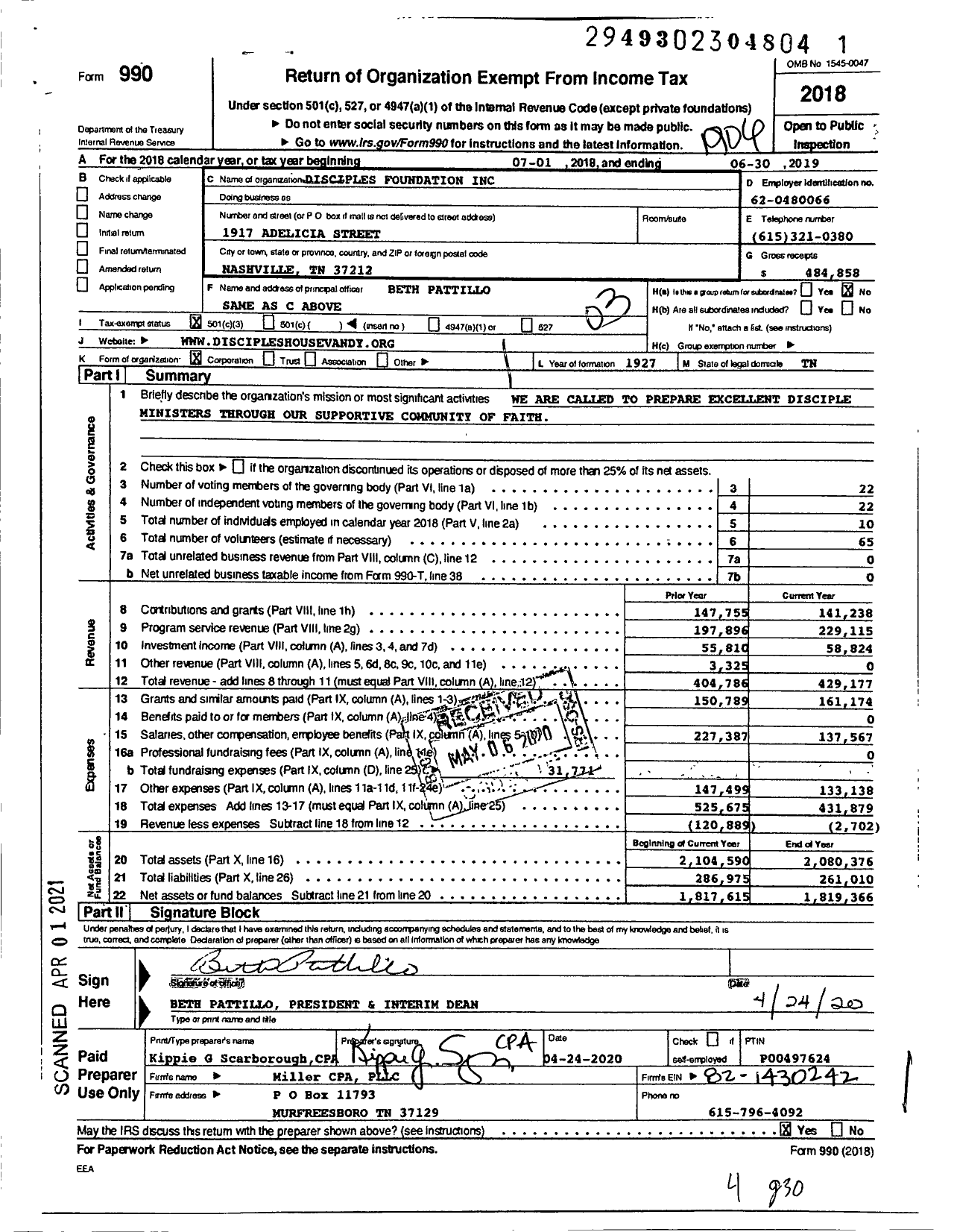 Image of first page of 2018 Form 990 for Disciples Foundation