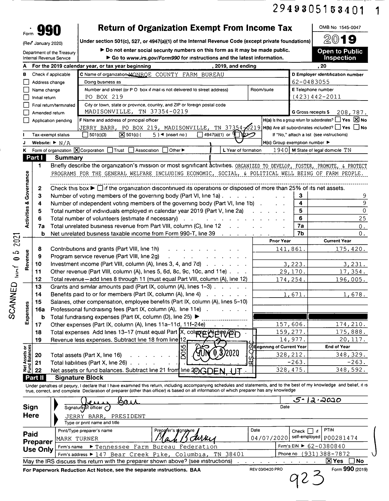 Image of first page of 2019 Form 990O for Monroe County Farm Bureau