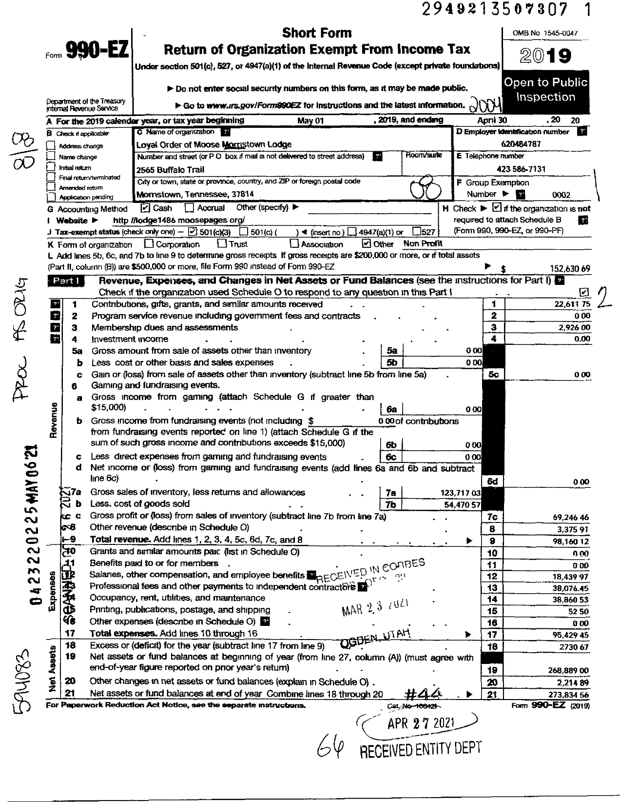 Image of first page of 2019 Form 990EO for Loyal Order of Moose Morristown Lodge