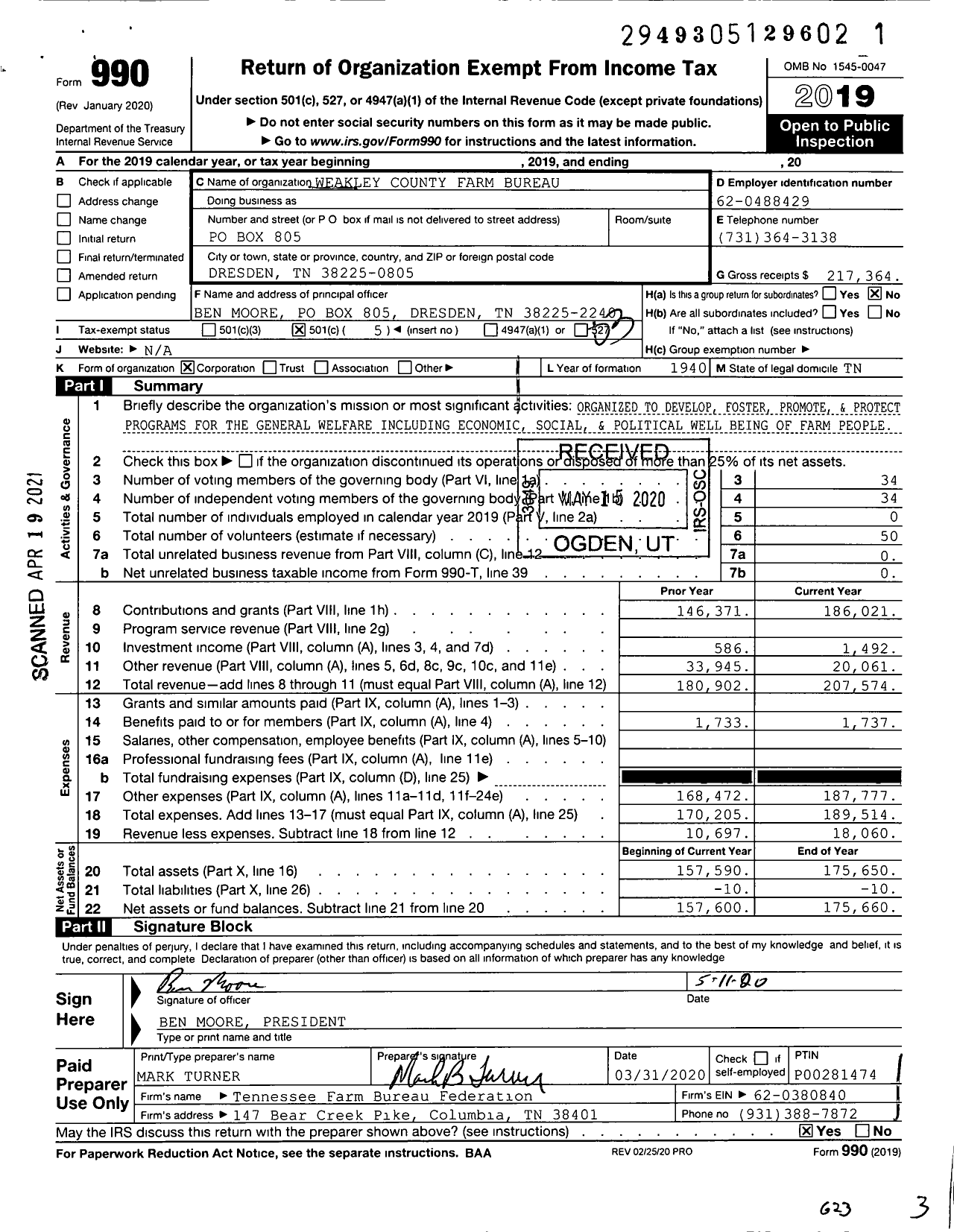 Image of first page of 2019 Form 990 for Weakley County Farm Bureau