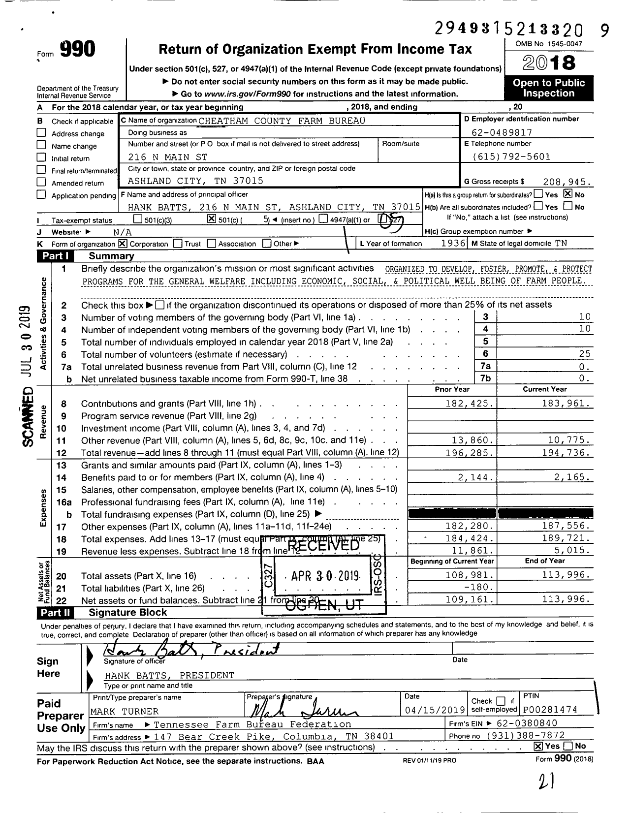 Image of first page of 2018 Form 990O for Cheatham County Farm Bureau