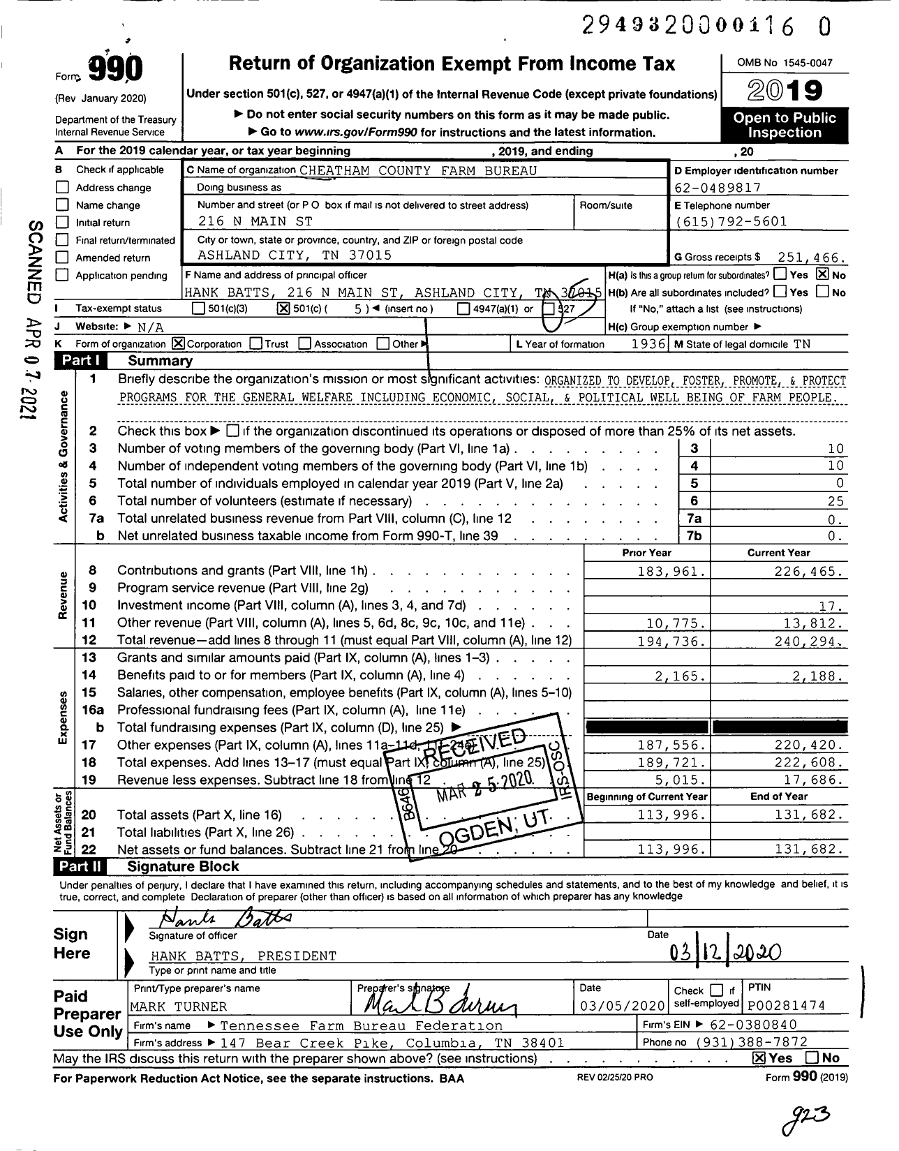 Image of first page of 2019 Form 990O for Cheatham County Farm Bureau