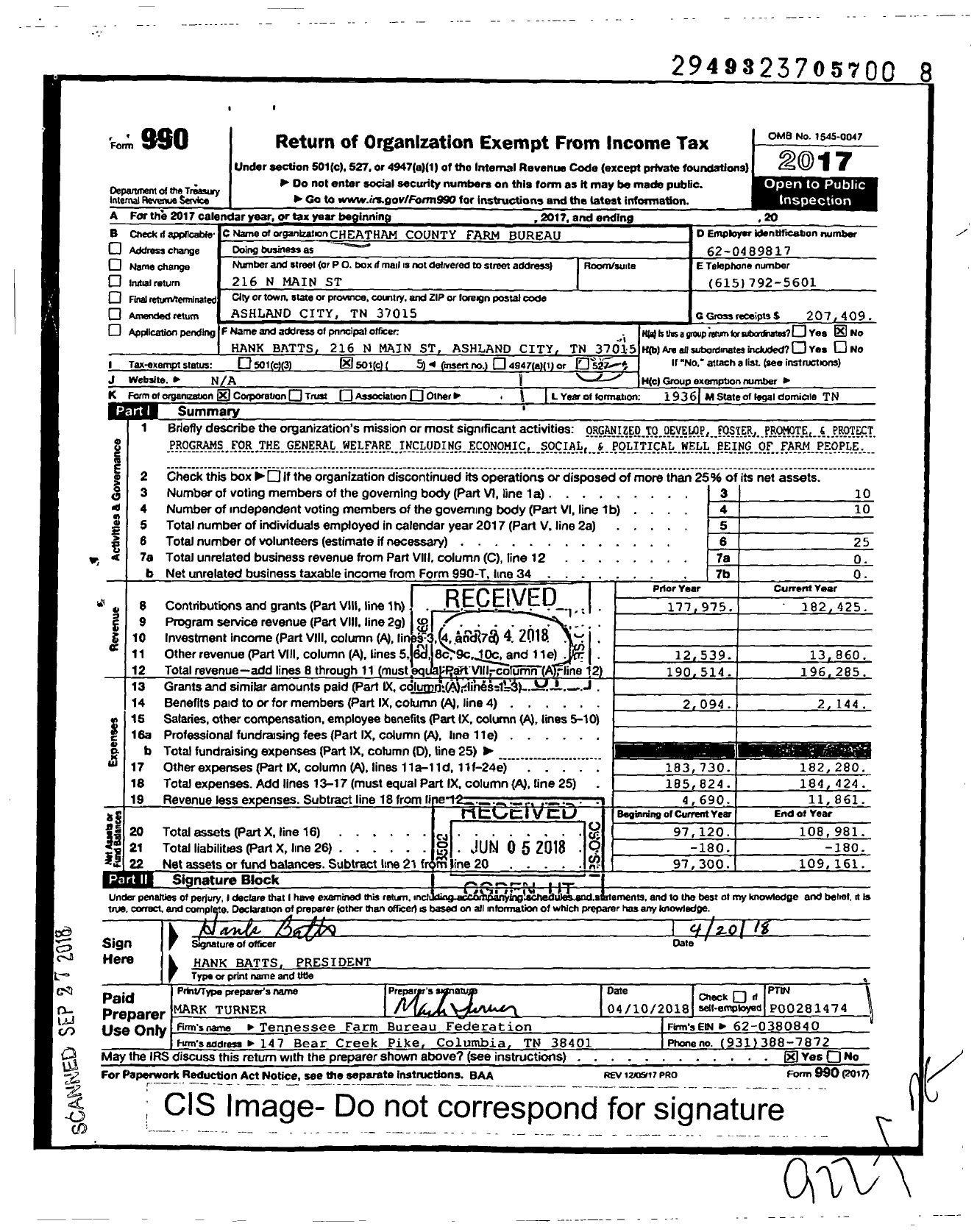 Image of first page of 2017 Form 990O for Cheatham County Farm Bureau