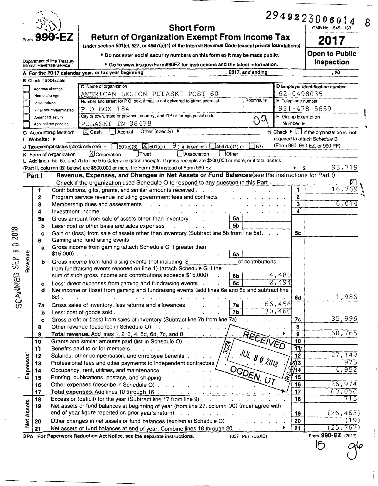 Image of first page of 2017 Form 990EO for American Legion - 0060 Pulaski