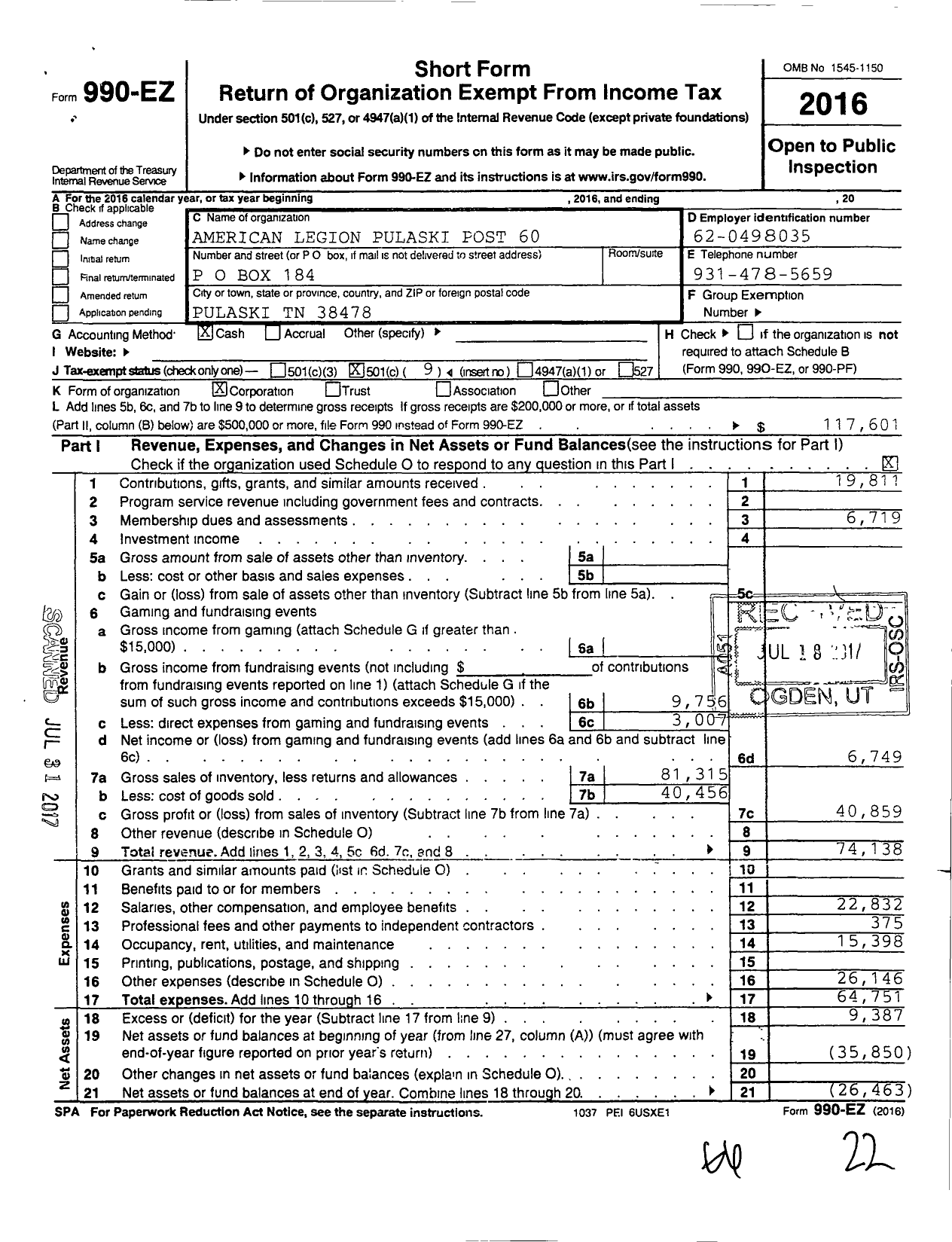 Image of first page of 2016 Form 990EO for American Legion - 0060 Pulaski