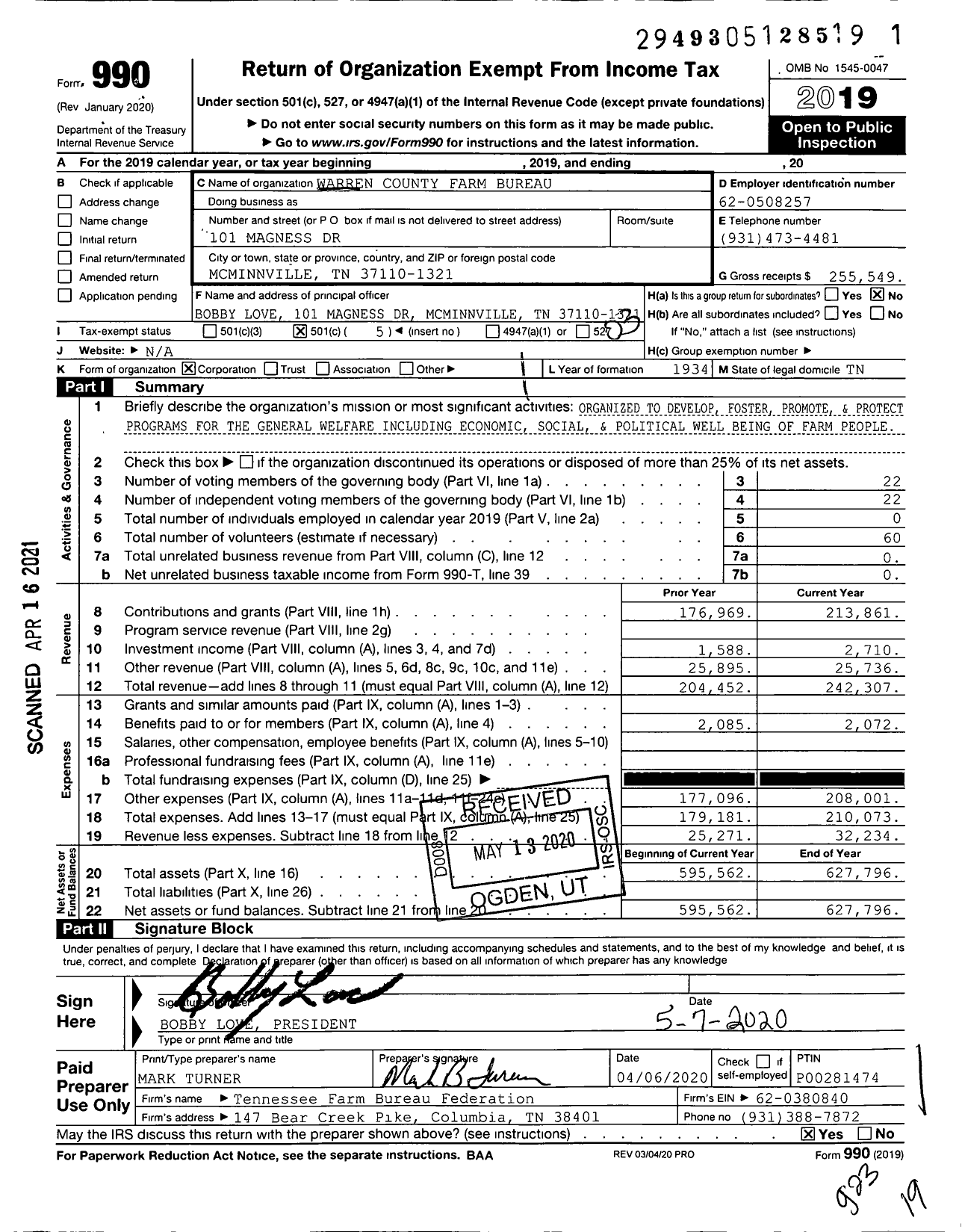 Image of first page of 2019 Form 990 for Warren County Farm Bureau