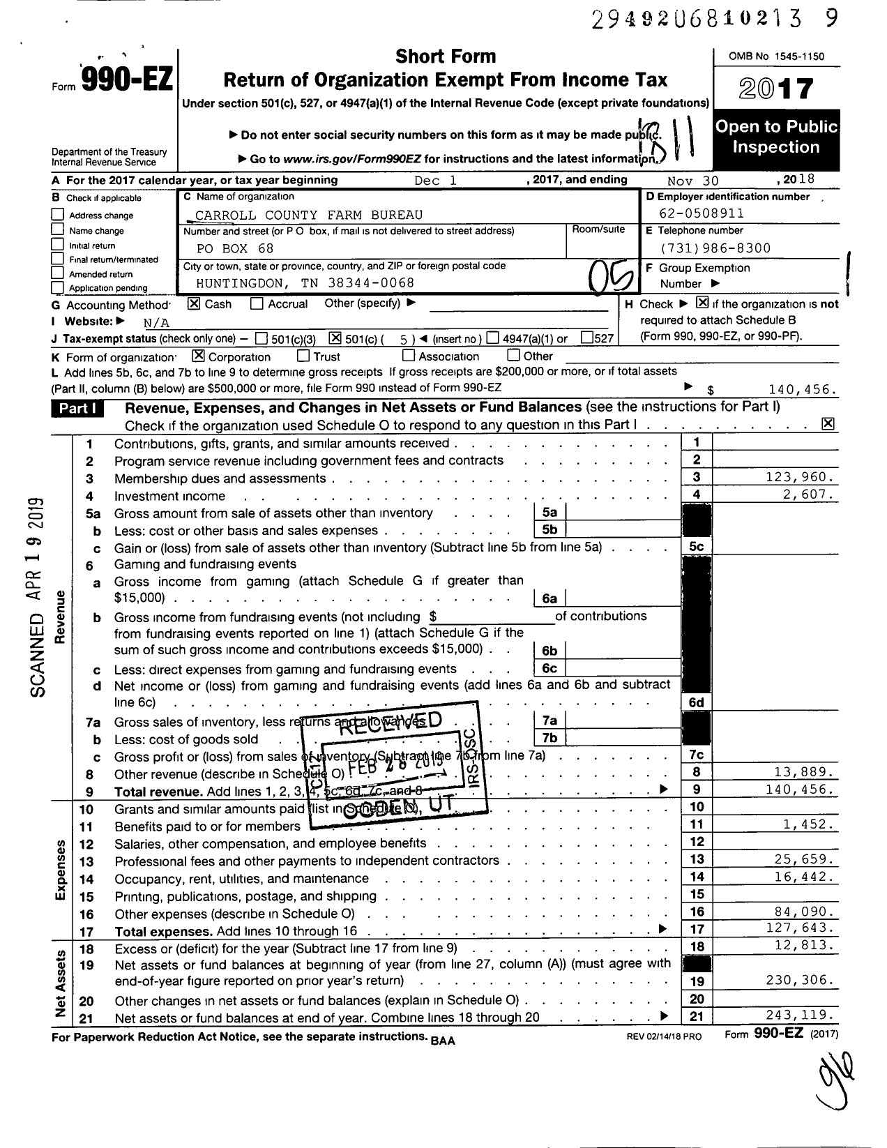 Image of first page of 2017 Form 990EO for Carroll County Farm Bureau