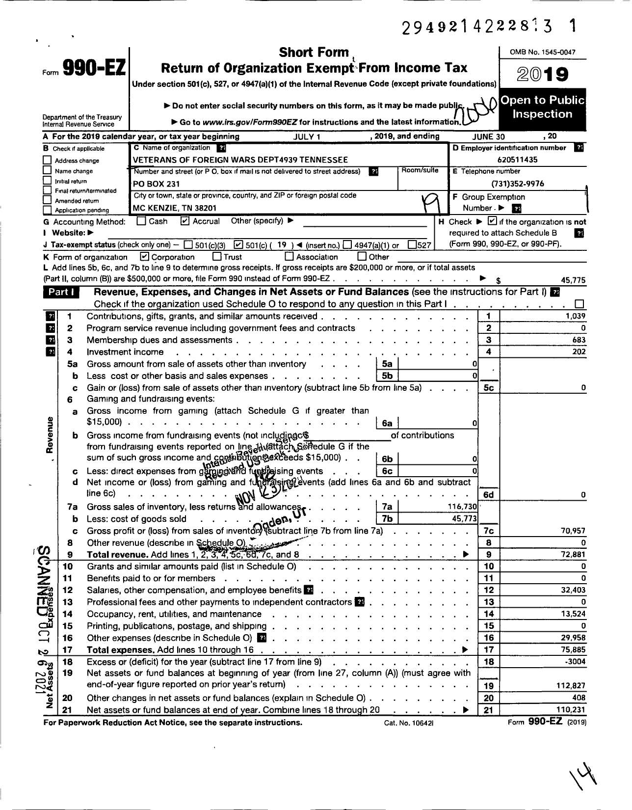 Image of first page of 2019 Form 990EO for Veterans of Foreign Wars of the United States Dept of Tennessee - 4939 Mckenzie Post