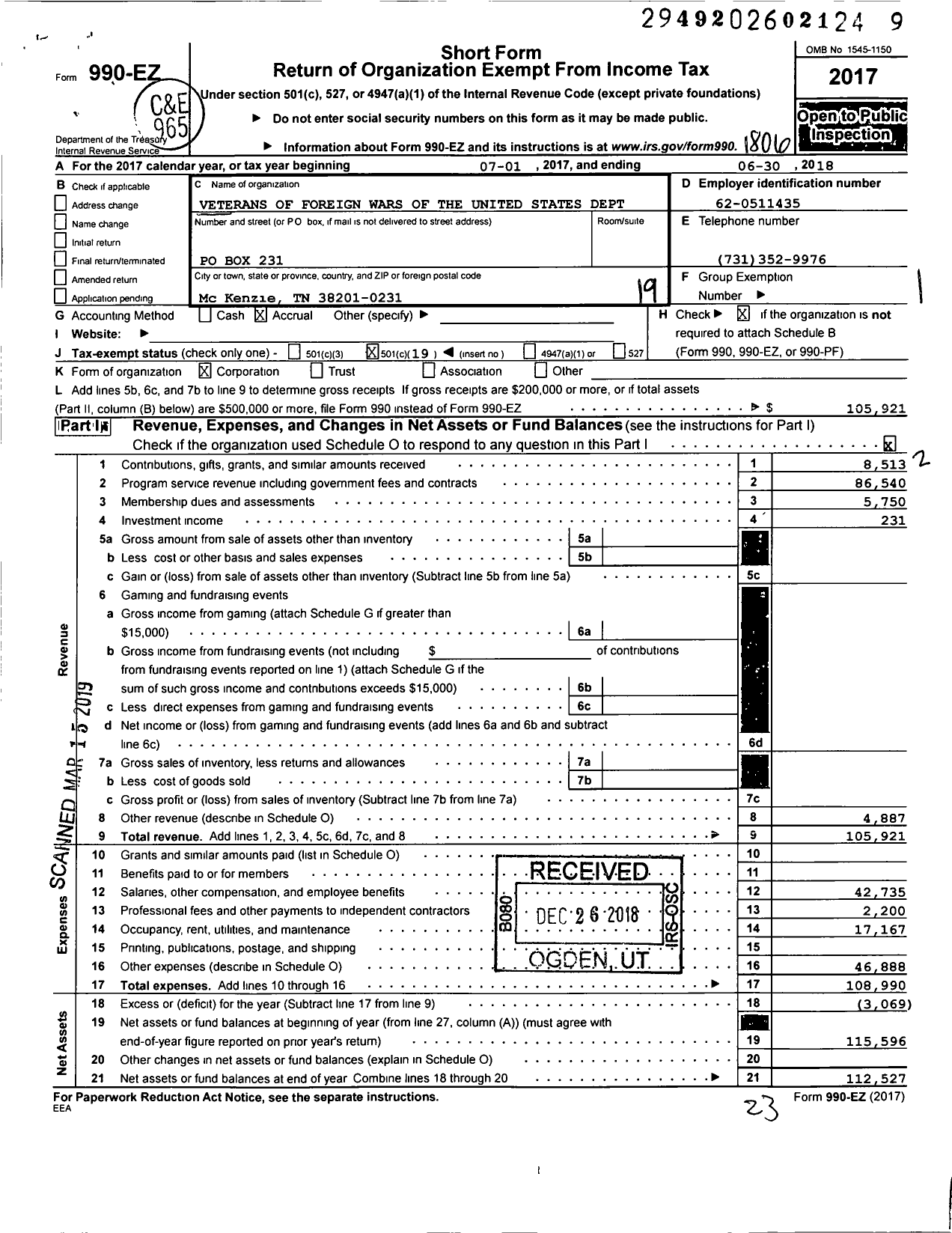 Image of first page of 2017 Form 990EO for Veterans of Foreign Wars of the United States Dept of Tennessee - 4939 Mckenzie Post