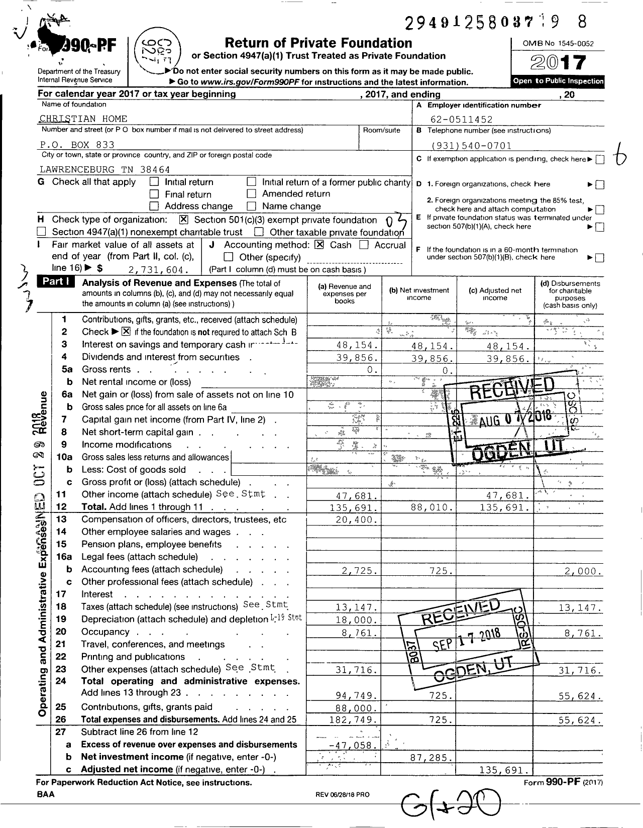 Image of first page of 2017 Form 990PF for Christian Home