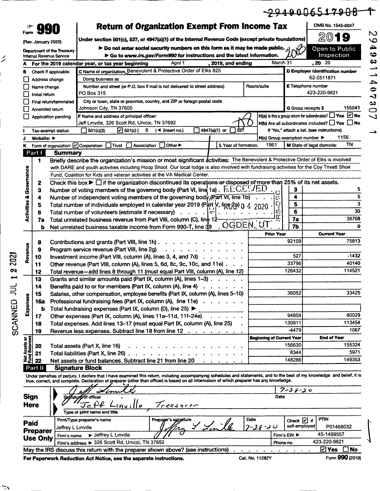 Image of first page of 2019 Form 990O for Benevolent and Protective Order of Elks - 825 Johnson City