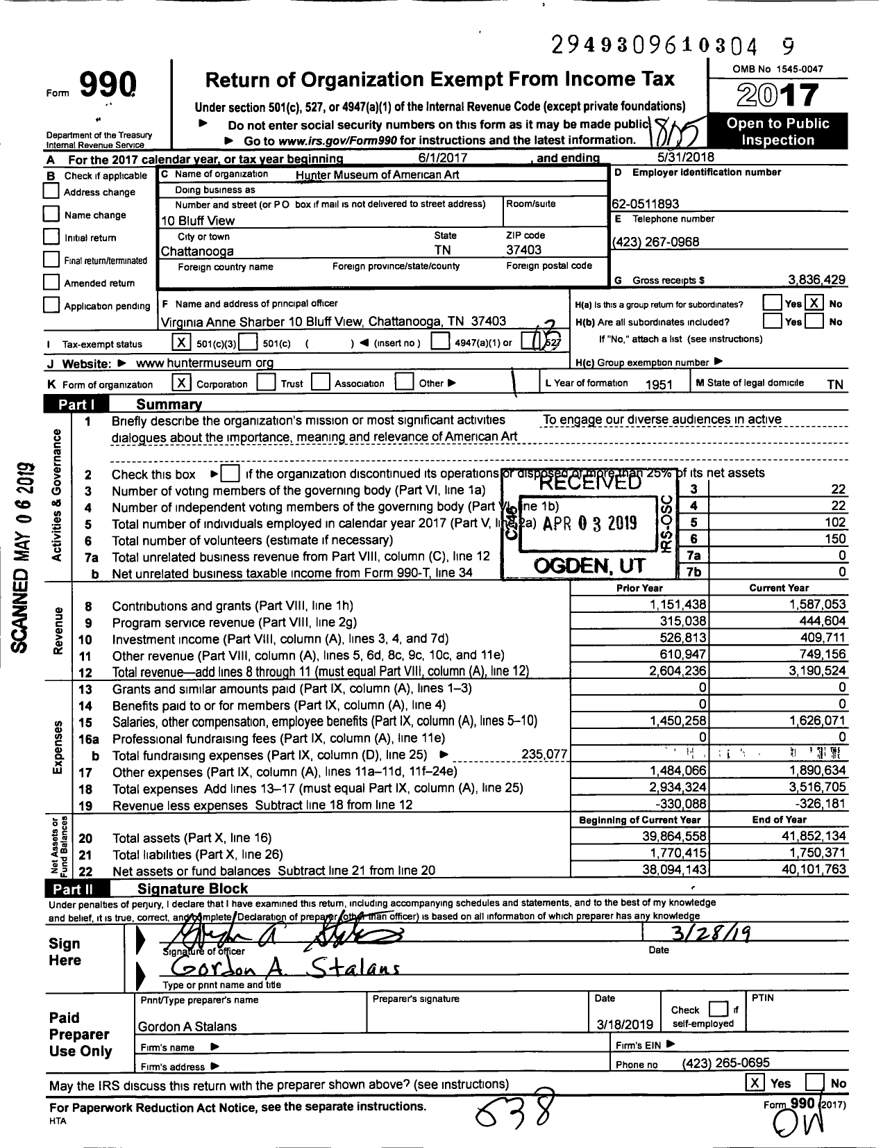 Image of first page of 2017 Form 990 for Hunter Museum of American Art