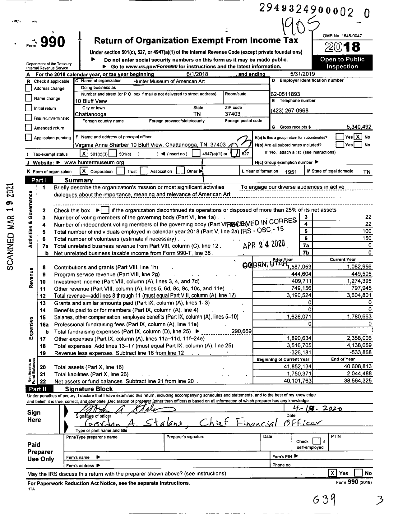 Image of first page of 2018 Form 990 for Hunter Museum of American Art