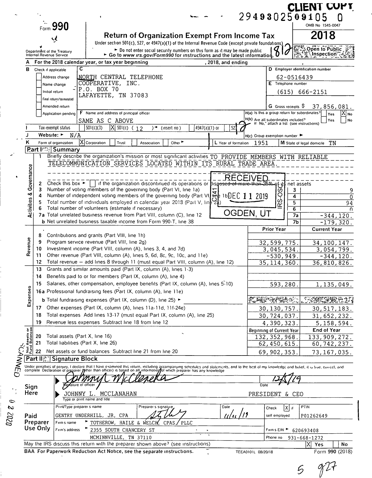 Image of first page of 2018 Form 990O for North Central Telephone Cooperative