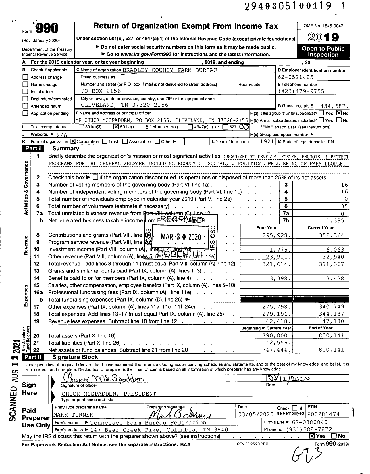 Image of first page of 2019 Form 990O for Bradley County Farm Bureau
